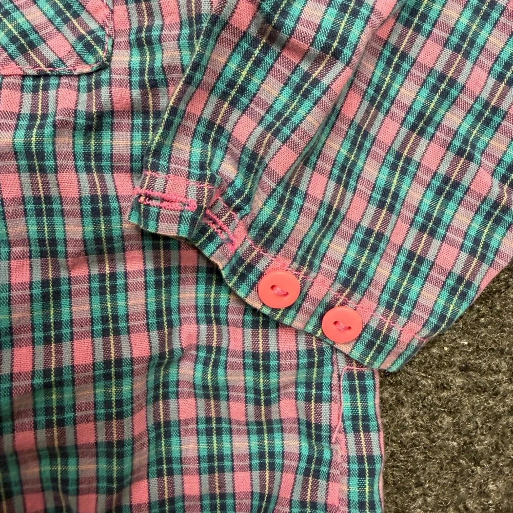 Vintage OshKosh Bgosh Girls Pink Teal Plaid Button Down Shirt Made in USA Size 5